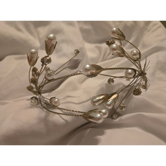 Accessories - Gold Pearl Crystal Bridal Tiara Headband Floral Wedding Hair Accessory